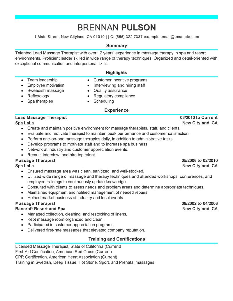 Lead Massage Therapist Resume Examples Salon Spa Fitness Resume 