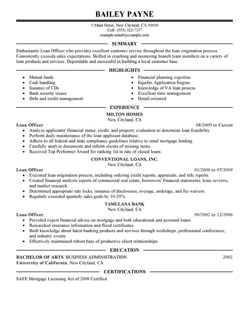 Loan Officer Resume Examples Finance Resume Samples LiveCareer