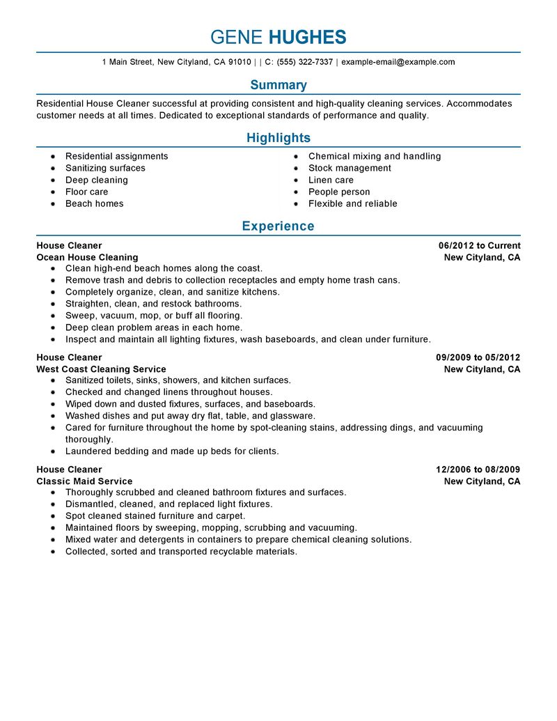 House Cleaning Resume For House Cleaning