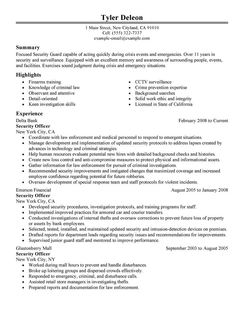 Security Officer Job Description Resume 2365 Brawne Avenue Nw 