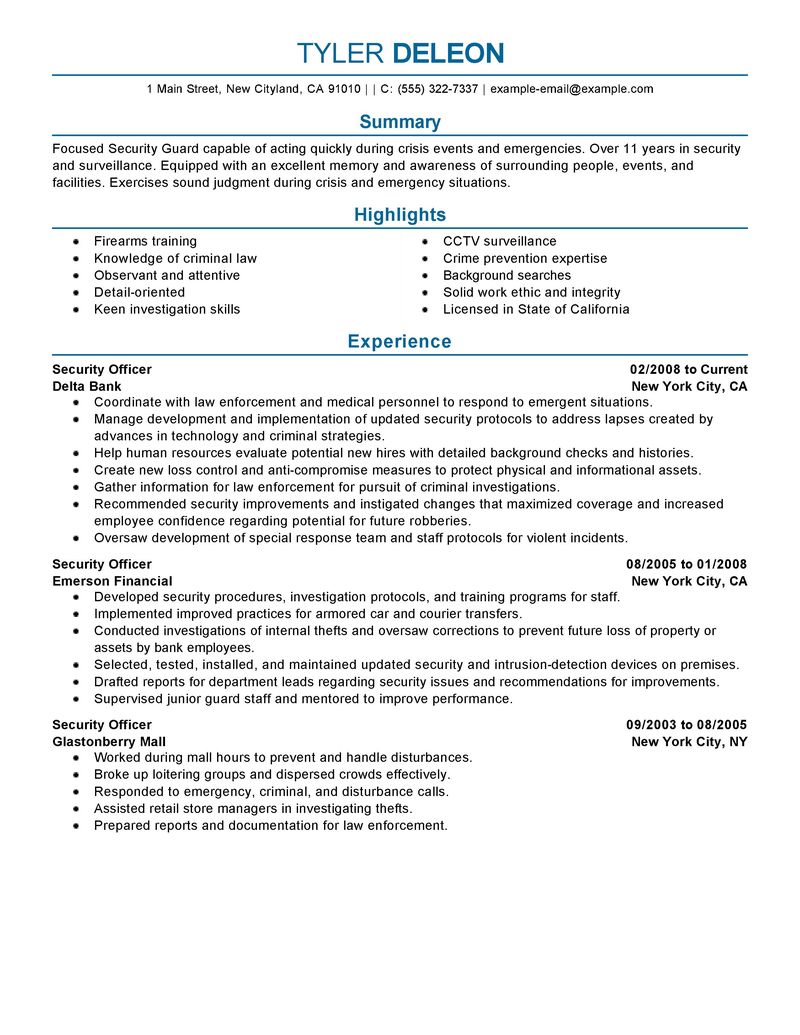 Security Officer Resume Examples Law Enforcement Security Resume 