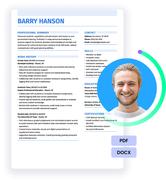 One of LiveCareer's professional resume templates, showing sample layout, profile photo placeholder, and PDF DOCX download icons.