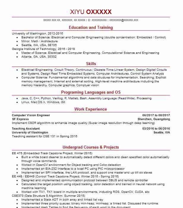 Computer Vision Engineer Resume Example