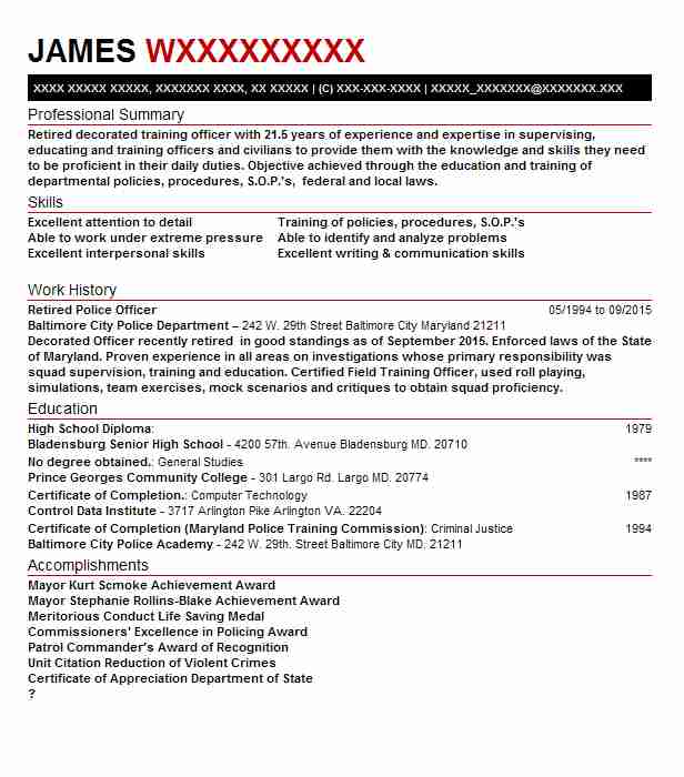 Police Officer First Class Retired Resume Example