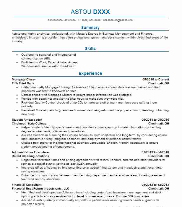 Mortgage Closer Resume Example