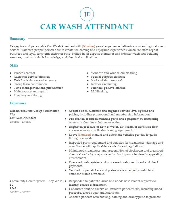 Car Wash Attendant Resume Example