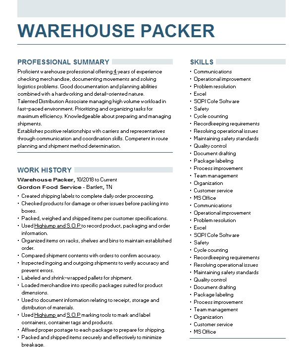 Warehouse Packer Resume Example