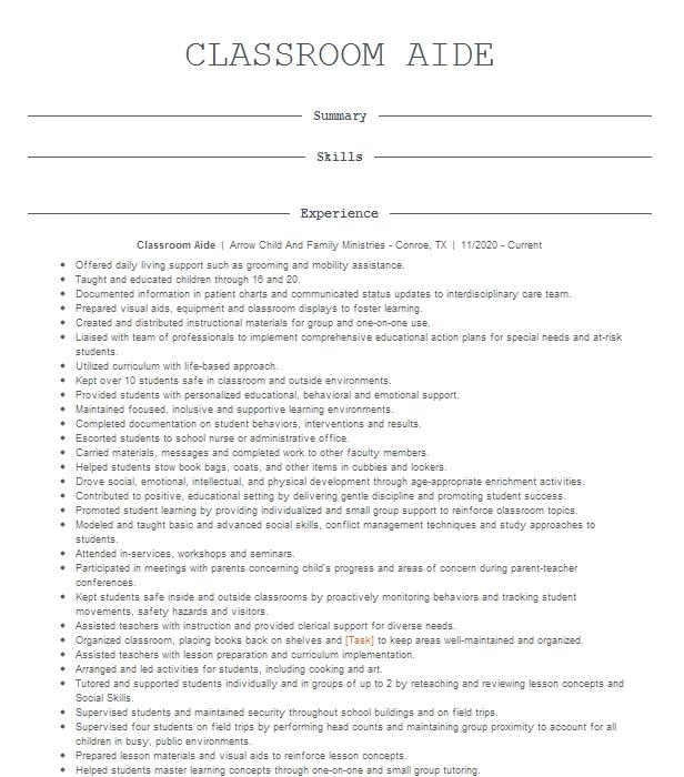 Classroom Aide Resume Example