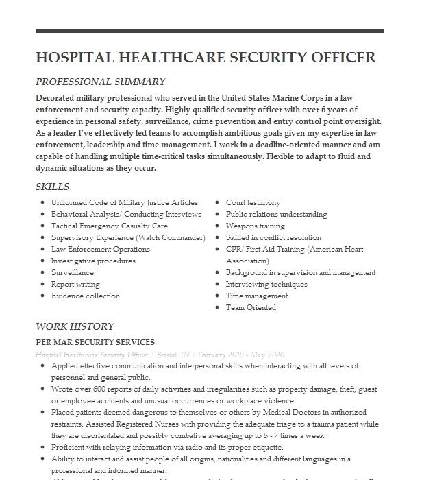 Hospital Security Officer Resume Objective Livecareer