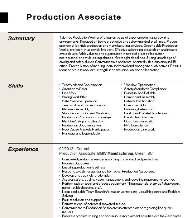 Production Associate Resume Example