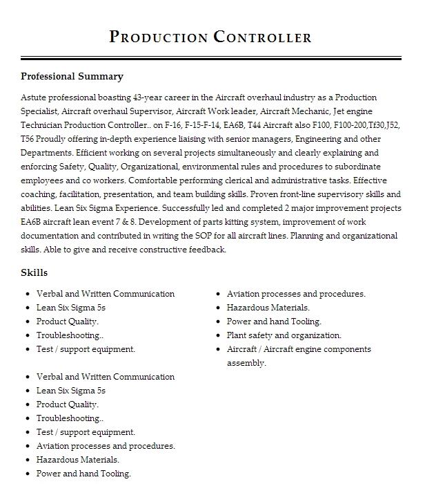 Production Controller Resume Example