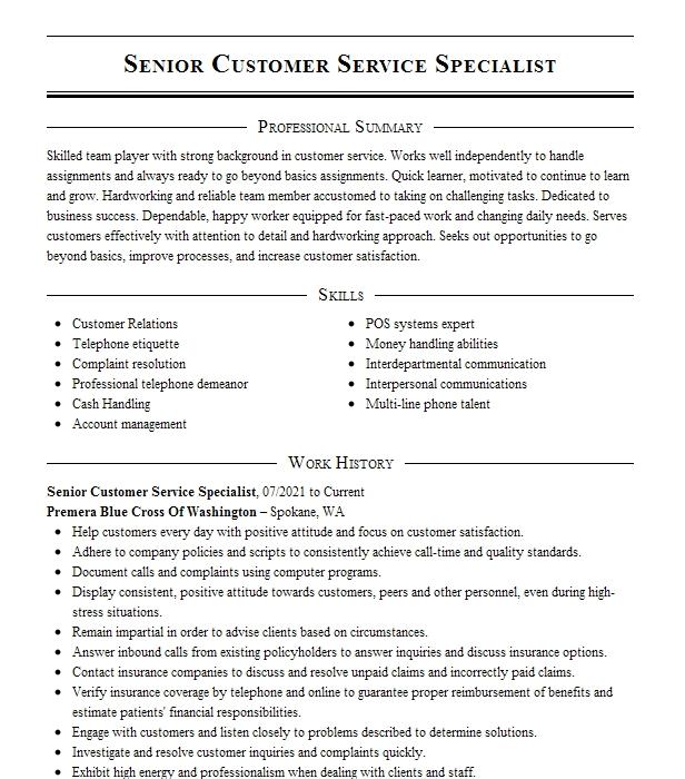 Senior Customer Service Specialist Resume Example