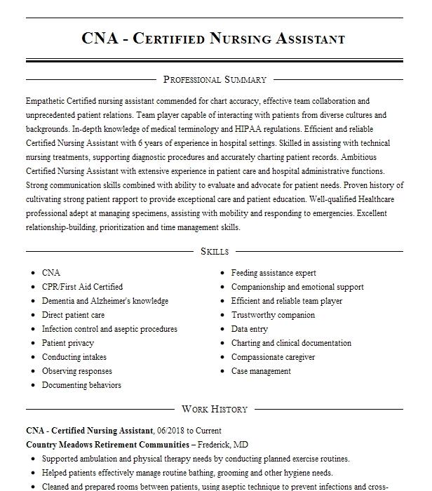 Cna Certified Nursing Assistant Resume Example