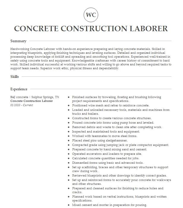 Concrete Construction Laborer Resume Example