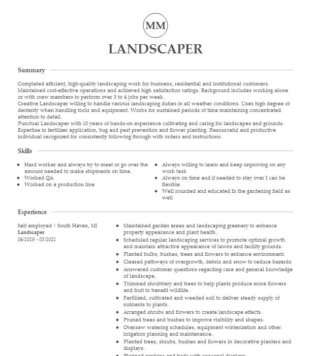 Landscaper Resume Example