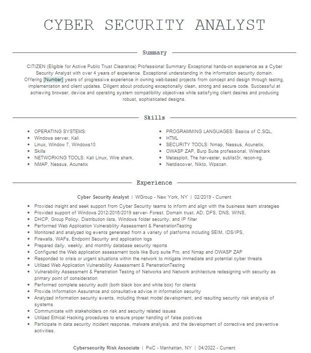 Cyber Security Analyst Resume Example