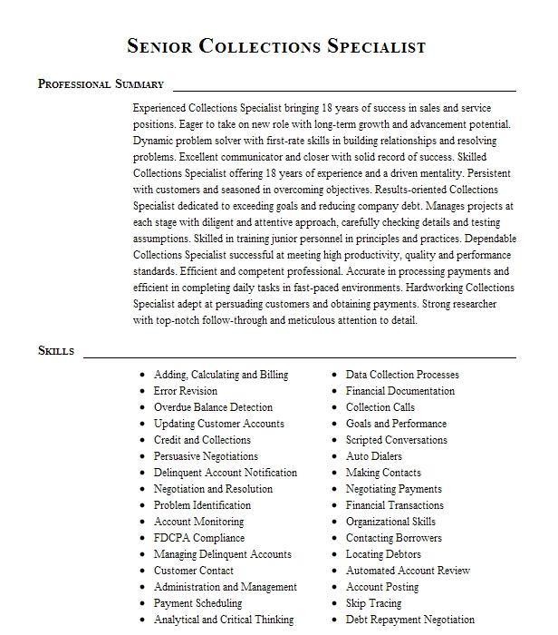 Senior Collections Specialist Resume Example