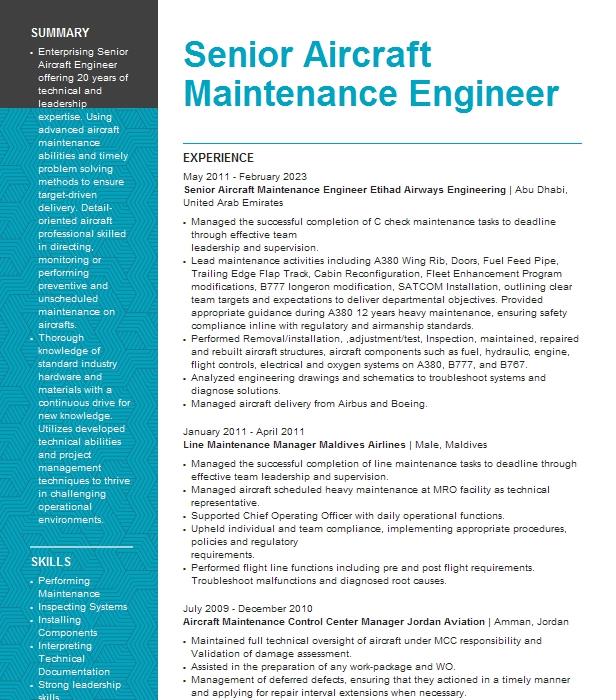 Aircraft Engineer Resume Example