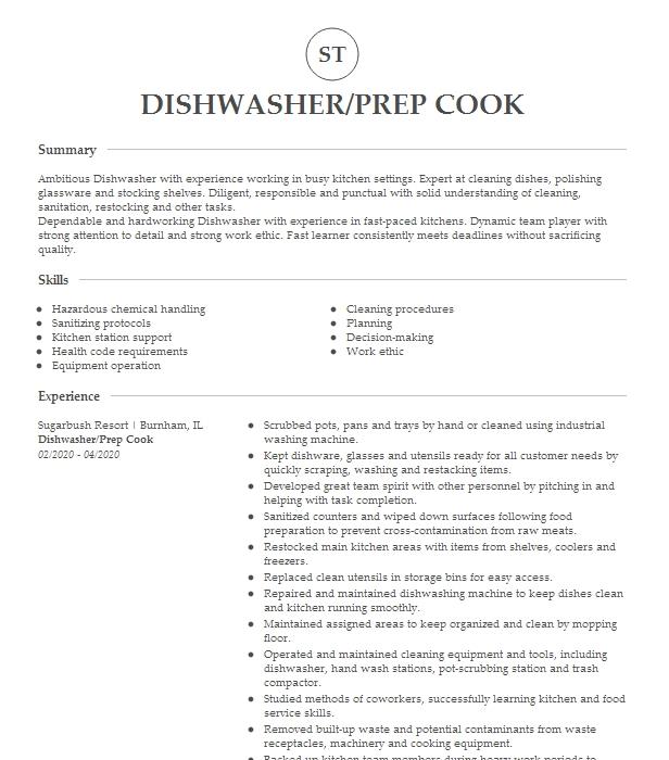 Dishwasher Prep Cook Resume Example