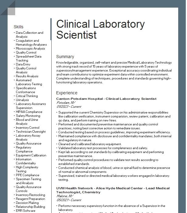 Clinical Laboratory Scientist Resume Example