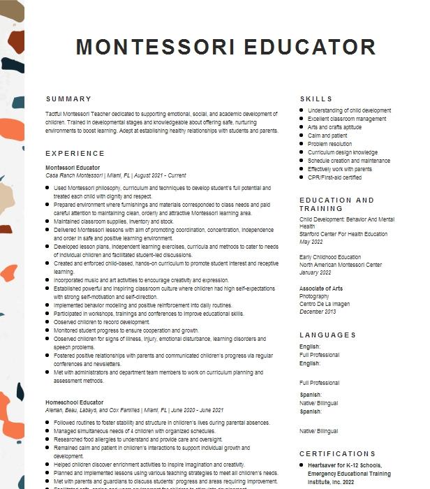 Montessori Educator Resume Example