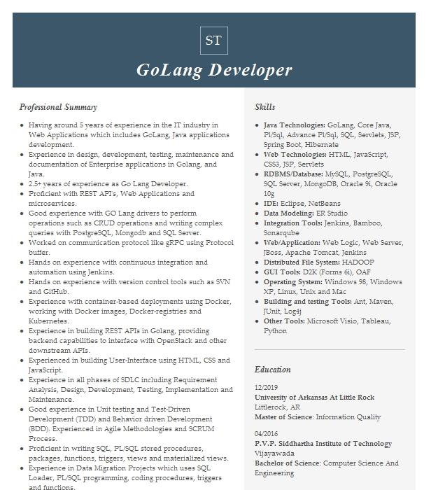 Golang Developer Resume Example