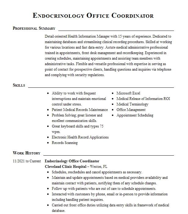 Endocrinology Front Office Coordinator Resume Example