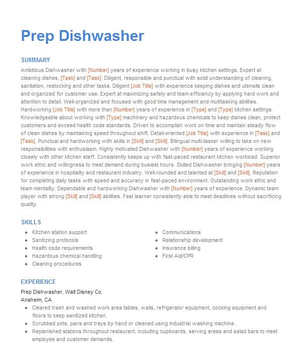 Prep Dishwasher Resume Example