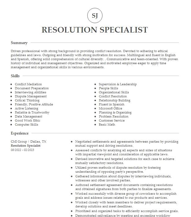 Resolution Specialist Resume Example