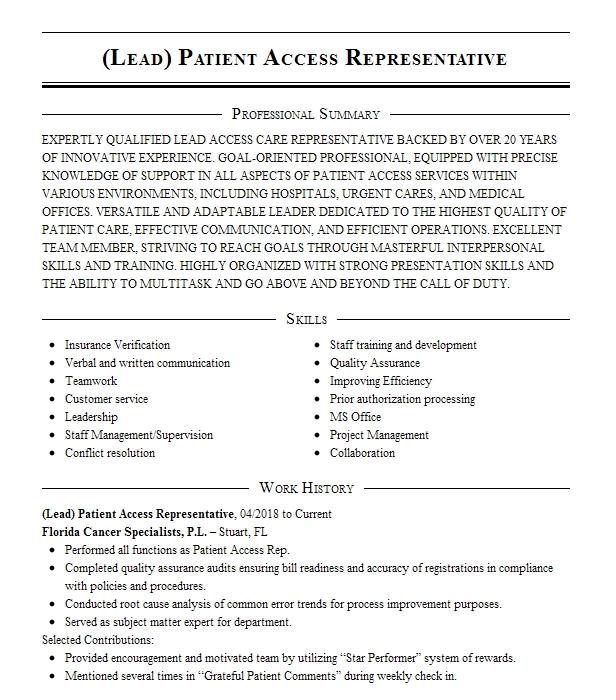 Patient Access Representative Resume Example