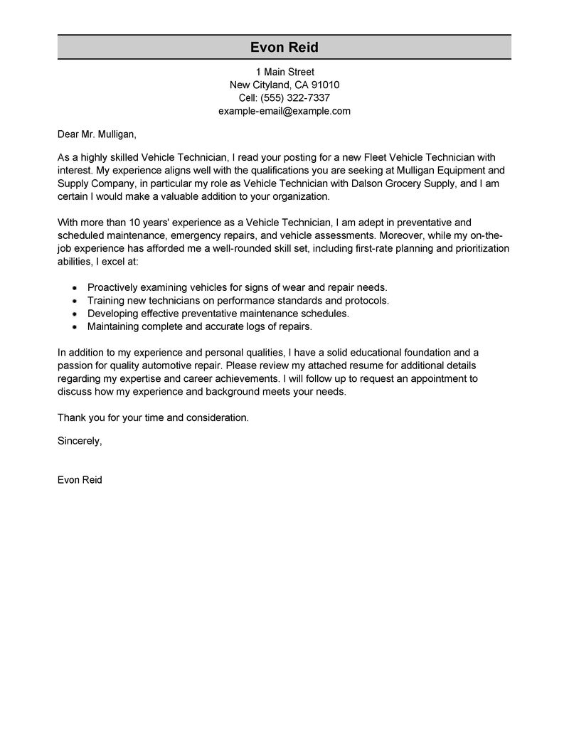 Automotive Technician Cover Letter Examples | Transportation Cover ...