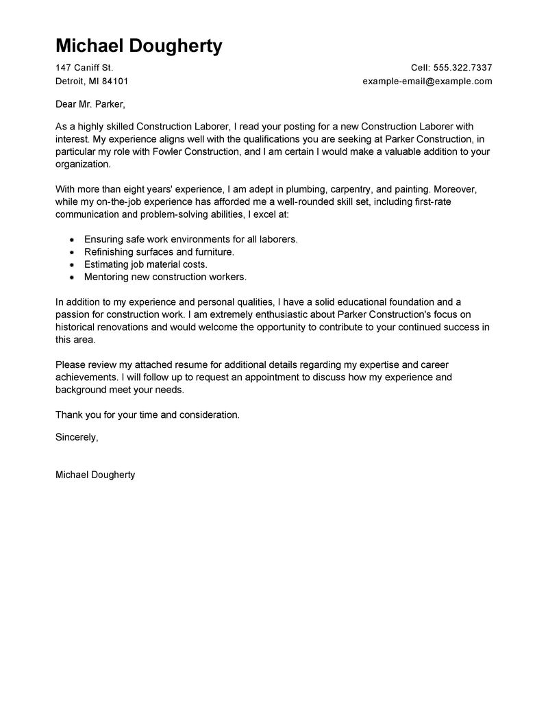 Best Construction Labor Cover Letter Examples LiveCareer