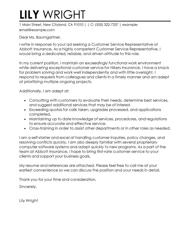 Best Customer Service Representative Cover Letter Examples LiveCareer