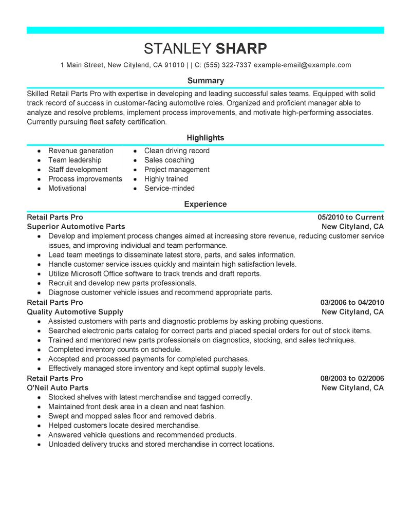 Retail Parts Pro Resume Examples | Automotive Resume Samples | LiveCareer