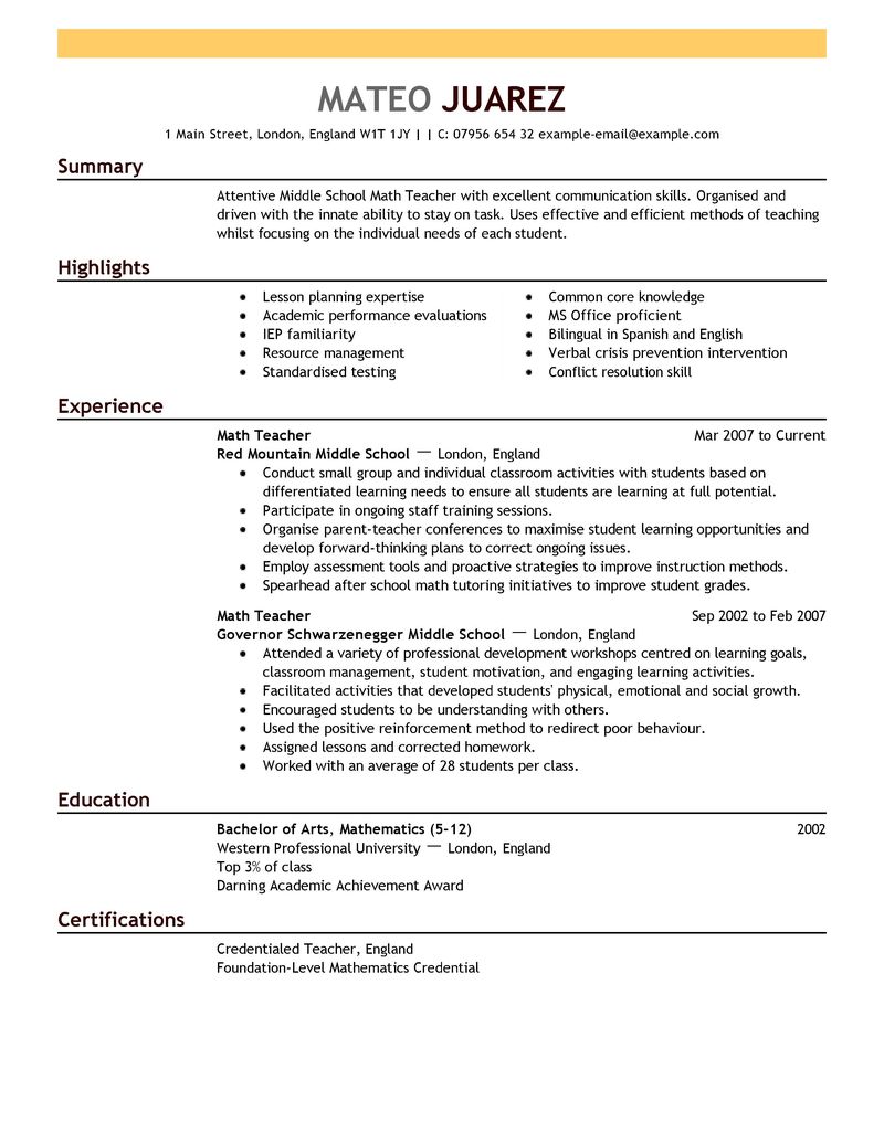 Professional Resume Template For Teachers