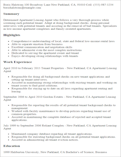 Resume Template Apartment Leasing Agent