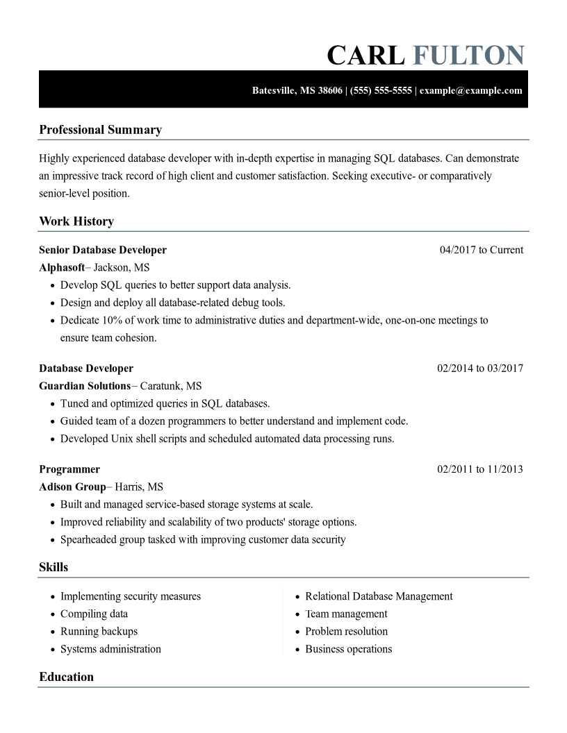 Professional Database Developer Resume Examples