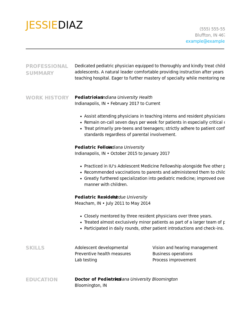 Professional Pediatrician Resume Examples 6265