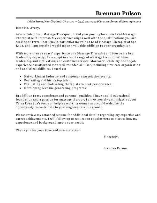 Lead Massage Therapist Cover Letter Example