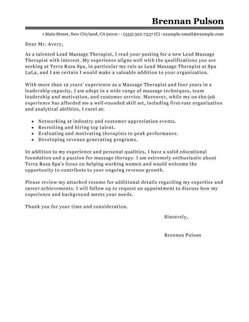 Lead Massage Therapist Cover Letter Sample