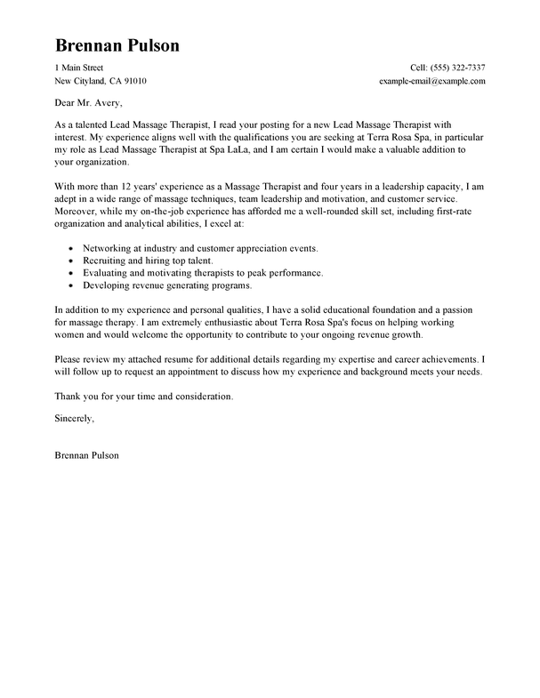 Lead Massage Therapist Cover Letter Template