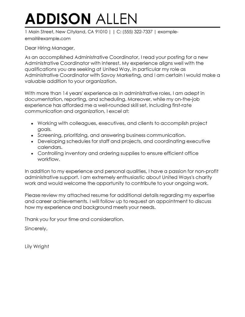 Administrative Coordinator Cover Letter Sample Contemporary