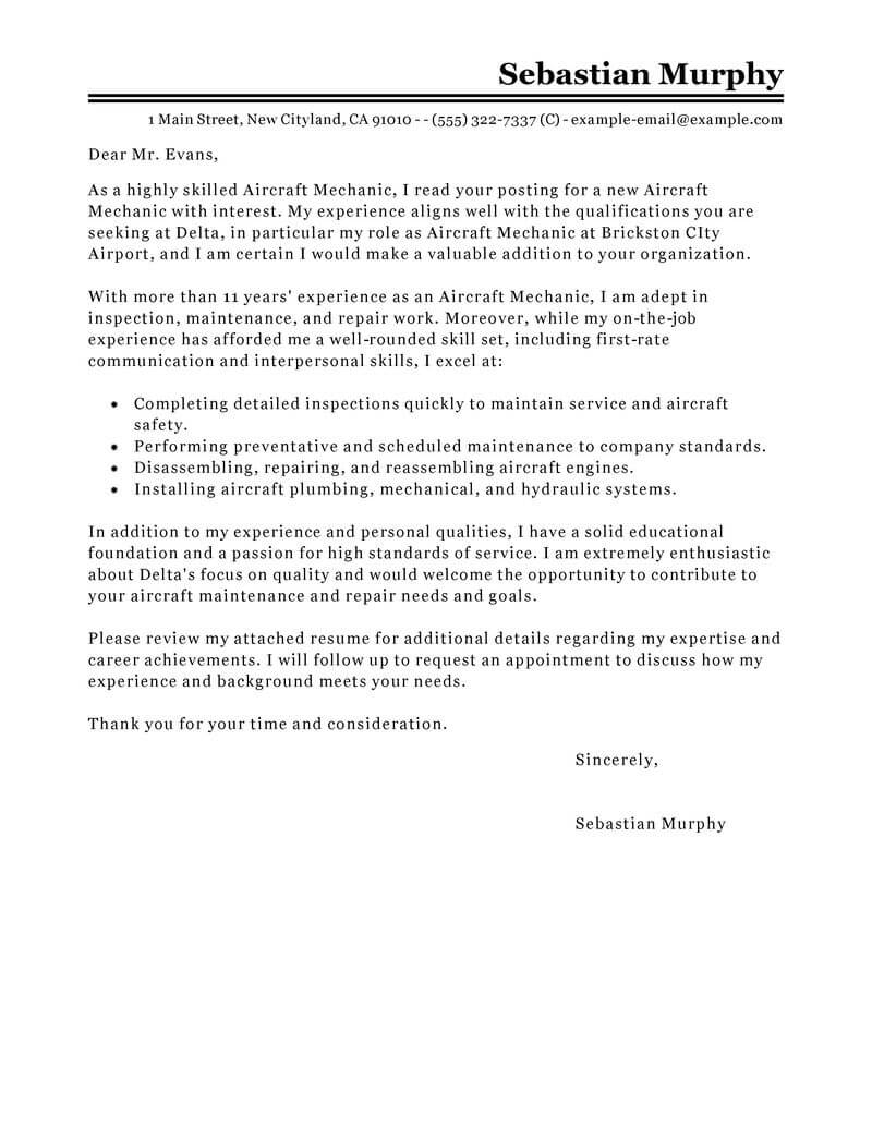 aircraft mechanic cover letter sample