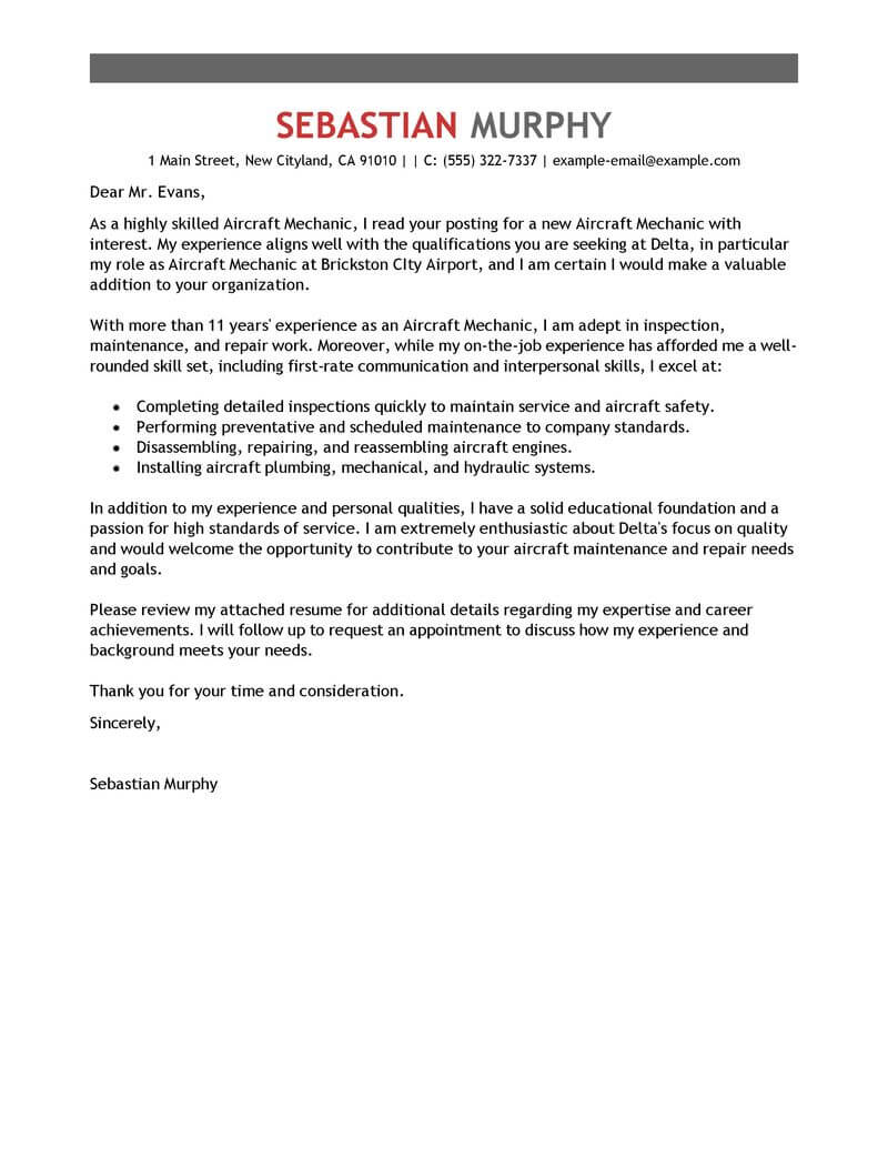 Aircraft Mechanic Cover Letter Sample Emphasis Style