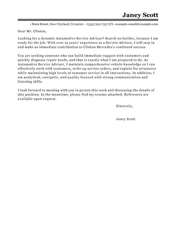 Automative Service Advisor Cover Letter Template