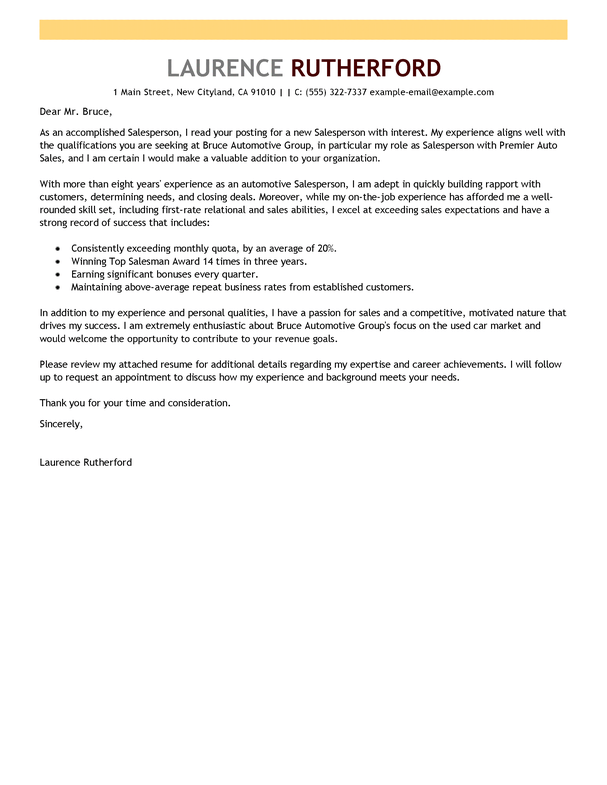 Automotive Salesperson Cover Letter Example