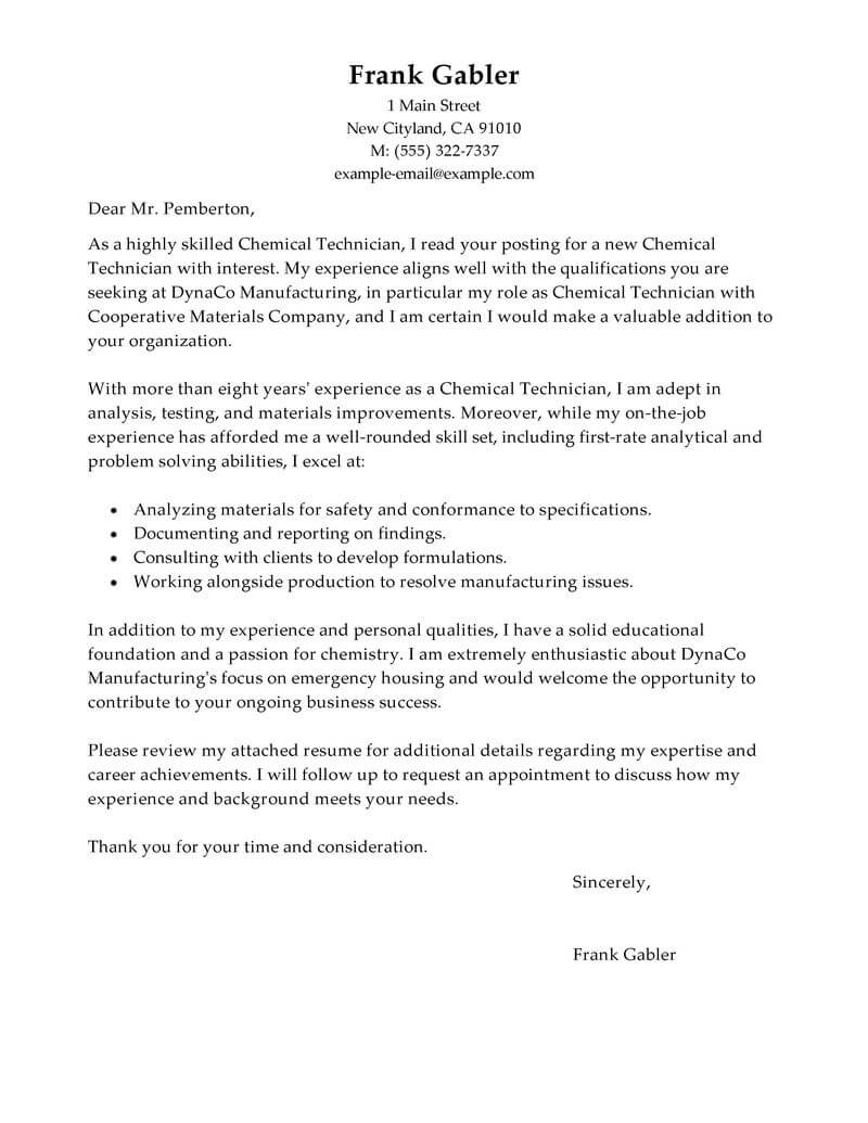 Chemical Technician Cover Letter Example