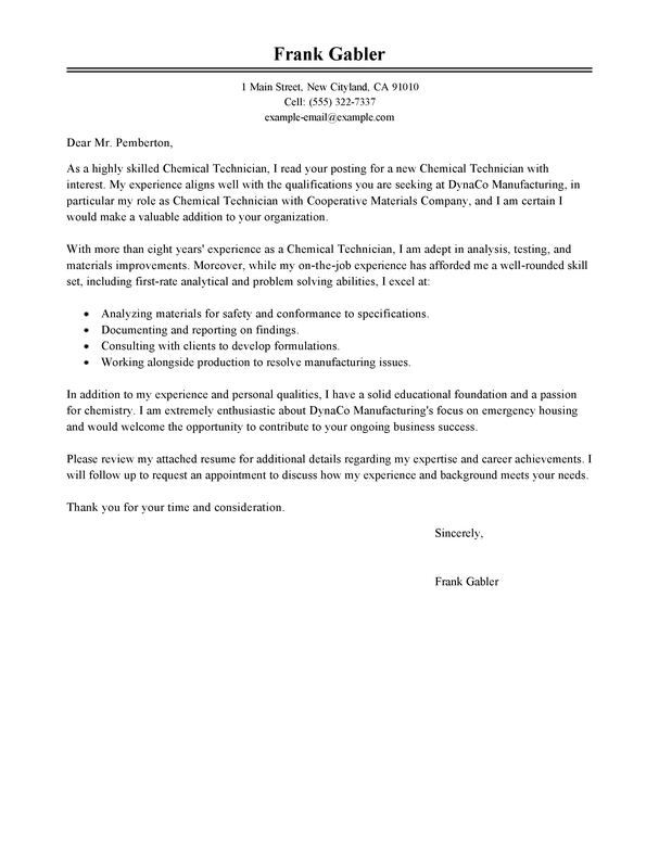 Chemical Technician Cover Letter Sample