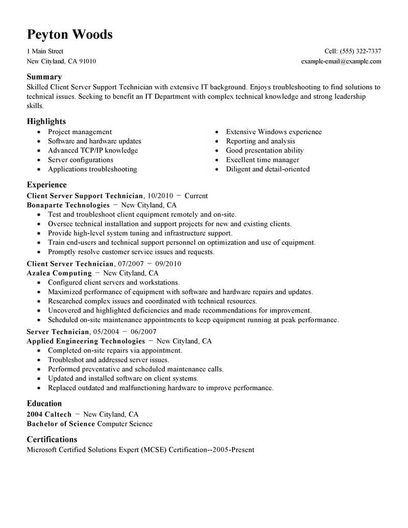 Professional Client Server Technician Resume Examples