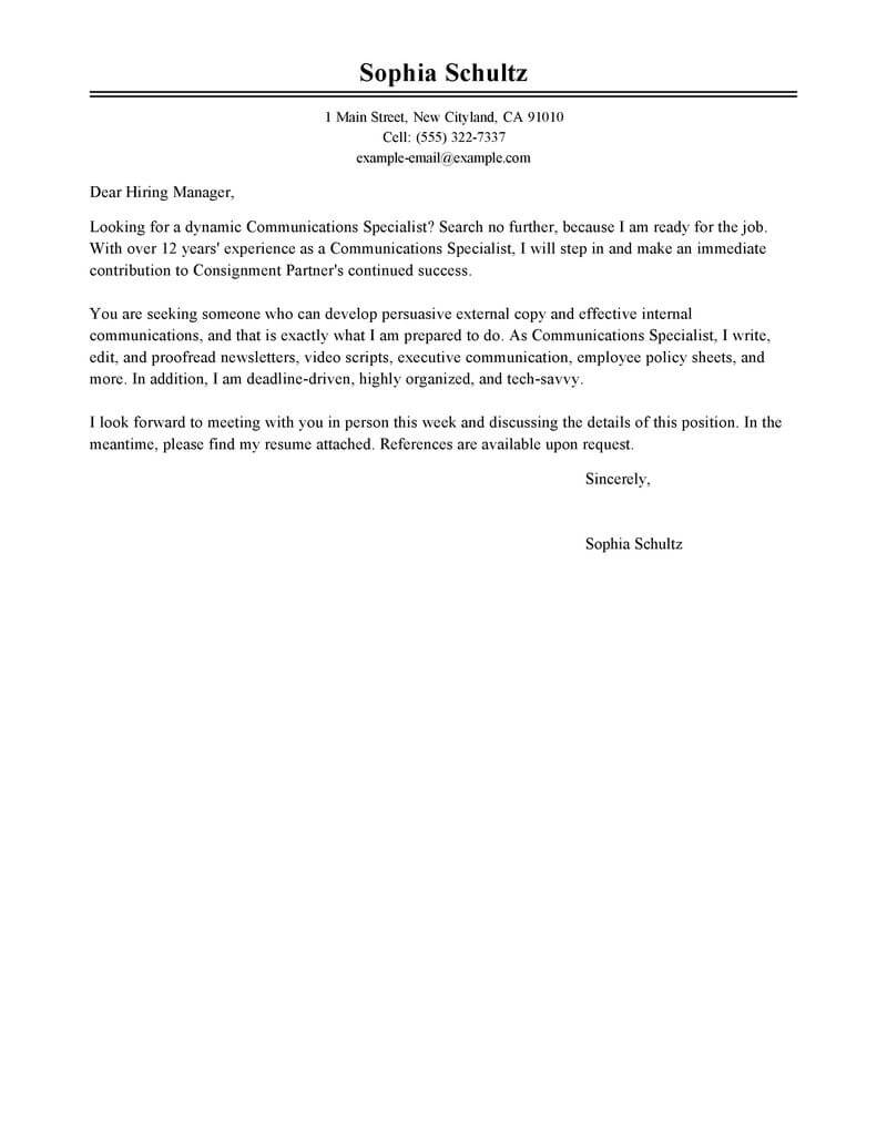 Communications Specialist Cover Letter Template Classic Style